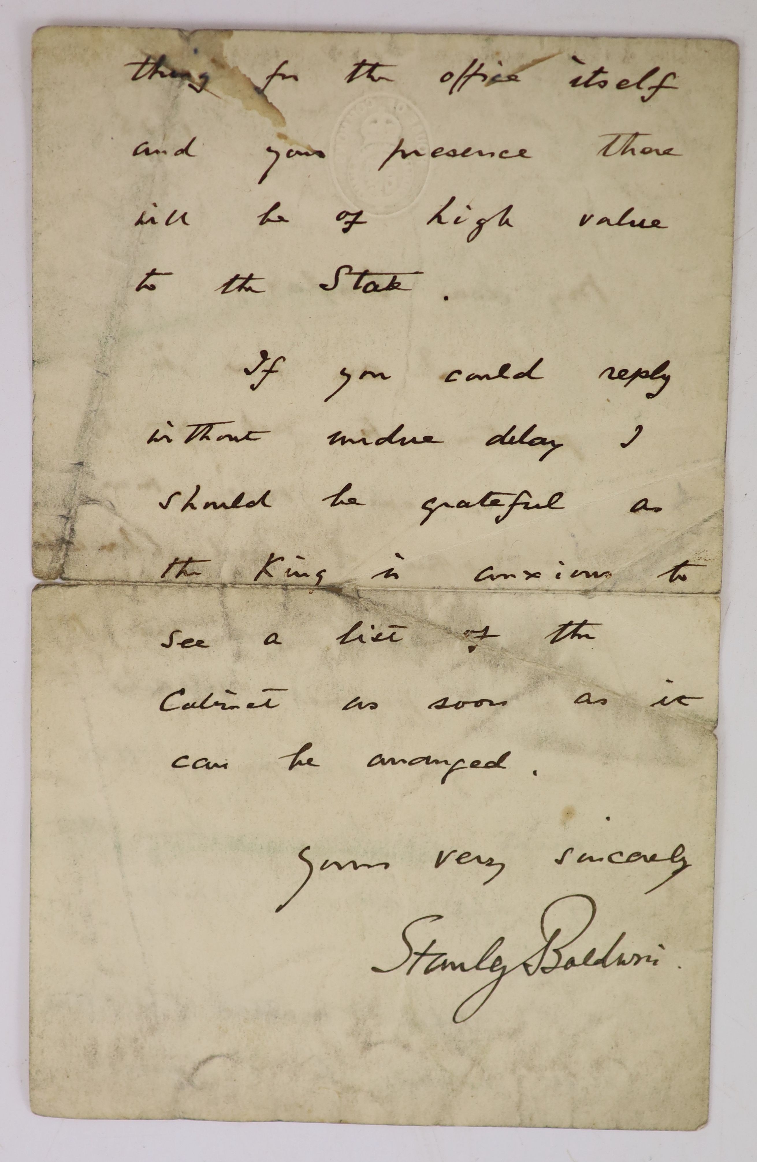 Baldwin, Stanley (1867-1947) An a/l, 2pp, 8vo, to Douglas Hogg, dated 3rd June, 1935, - ‘’My dear Douglas, I am now in a position to ask if you accept once more the office of Lord Chancellor. It would give me the greates